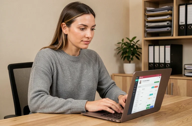 Femme consultant son espace client MyFoncia sur un ordinateur portable depuis son bureau à domicile