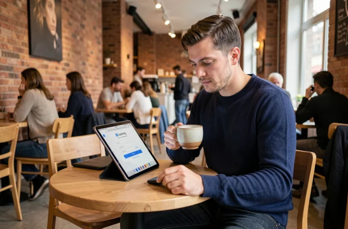 Homme accédant à sa formation en ligne Comptalia depuis une tablette dans un café