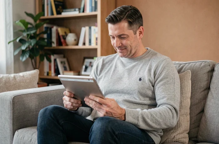 Homme d'une quarantaine d'années accédant à son espace client MyPeopleDoc sur une tablette depuis son domicile