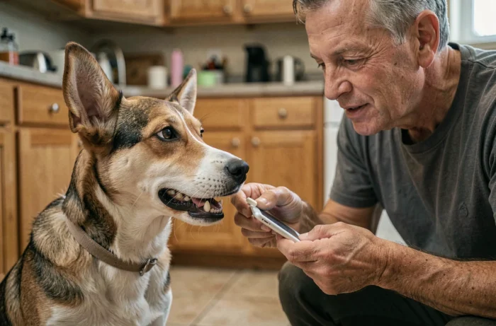 Propriétaire donnant un comprimé de médicament à son chien à la maison, illustrant l'administration orale de gabapentine