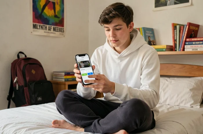 Adolescent utilisant un convertisseur de vidéo YouTube gratuit sur smartphone dans sa chambre