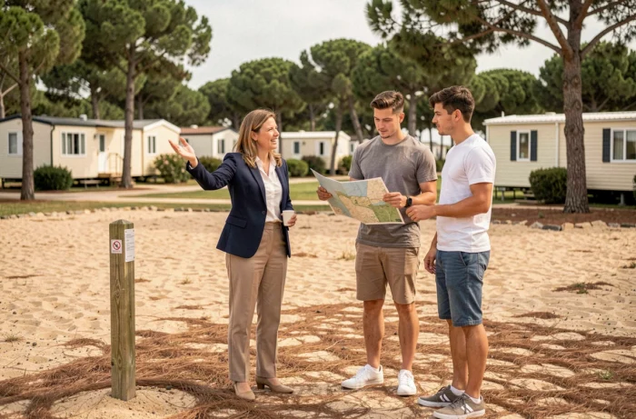 Agent immobilier présentant une parcelle de terrain en bord de mer à un couple pour investissement mobil-home