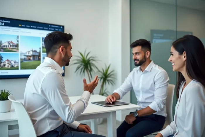Agent immobilier présentant des biens sur écran digital à des acheteurs dans une agence moderne
