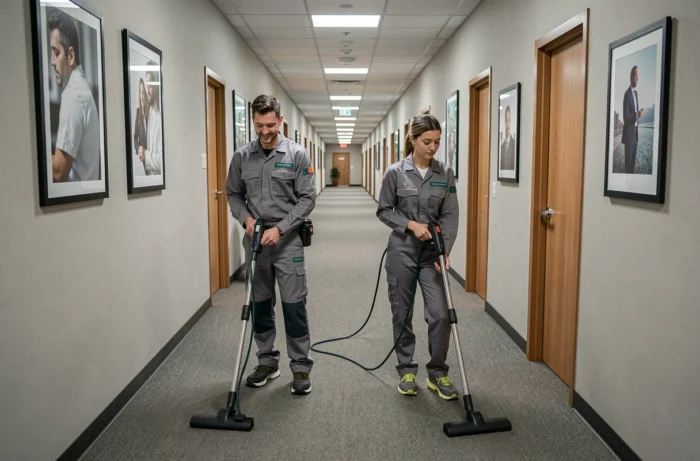 Deux agents d'entretien passant l'aspirateur dans le couloir d'un immeuble de bureaux contemporain