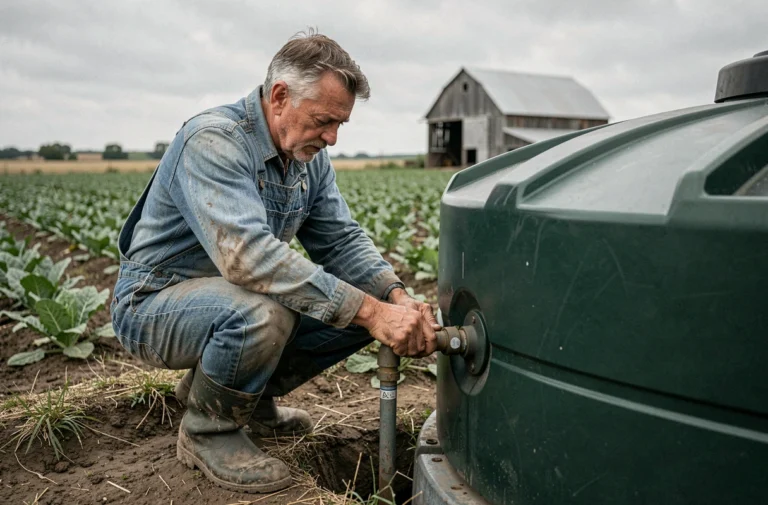 Agriculteur inspectant une cuve de récupération d'eau de pluie en polyéthylène dans un champ agricole