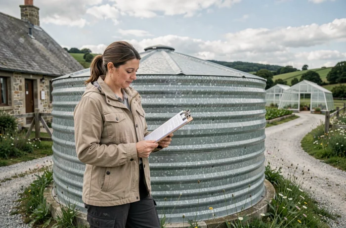 Agronome consultant des documents sur les aides financières pour une citerne d'eau de pluie agricole