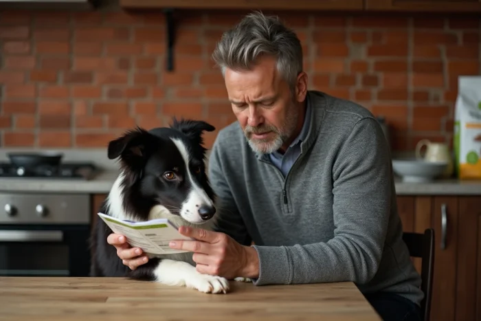 Homme lisant une étiquette de nourriture pour chien à la cuisine avec son border collie, conseil alimentation canine