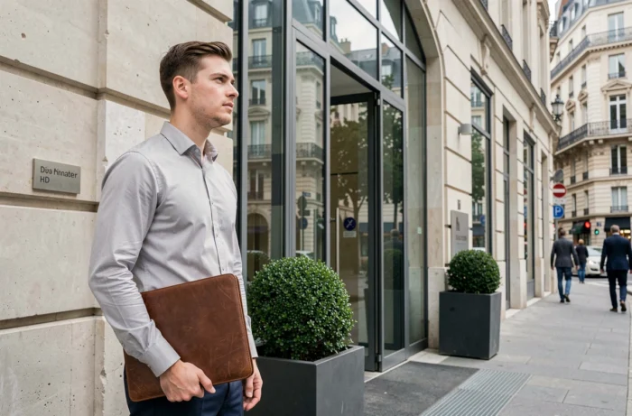 Jeune alternant en BTS GPME devant l'entrée d'une entreprise à Paris