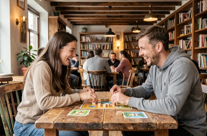 Deux amis jouant à un jeu de société dans un café vintage animé et convivial
