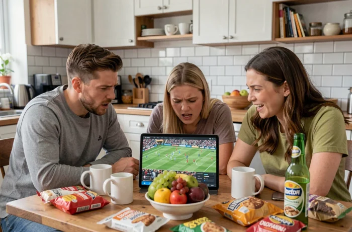Groupe d'amis regardant un match de football en streaming sur une tablette dans une cuisine