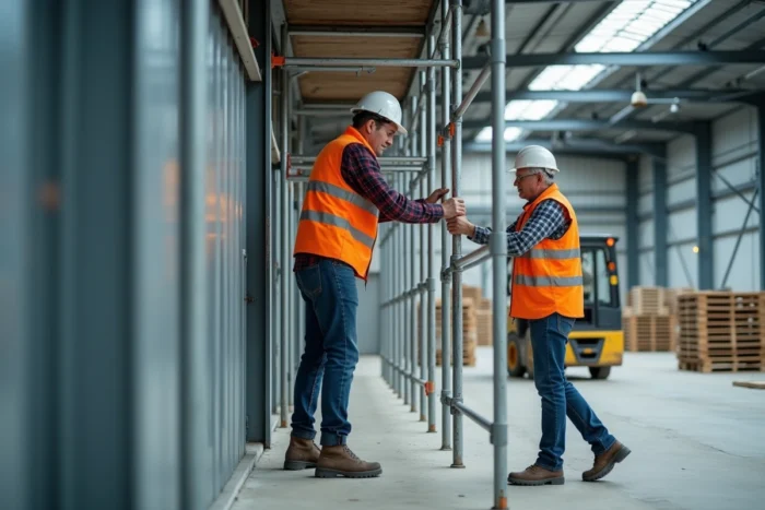 Deux ouvriers assemblant un échafaudage tubulaire sur un bâtiment industriel avec des matériaux de chantier au sol