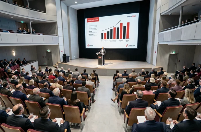 Assemblée générale des actionnaires d'un grand groupe cosmétique mondial, avec un dirigeant présentant les résultats financiers annuels et la politique de rémunération des cadres dirigeants