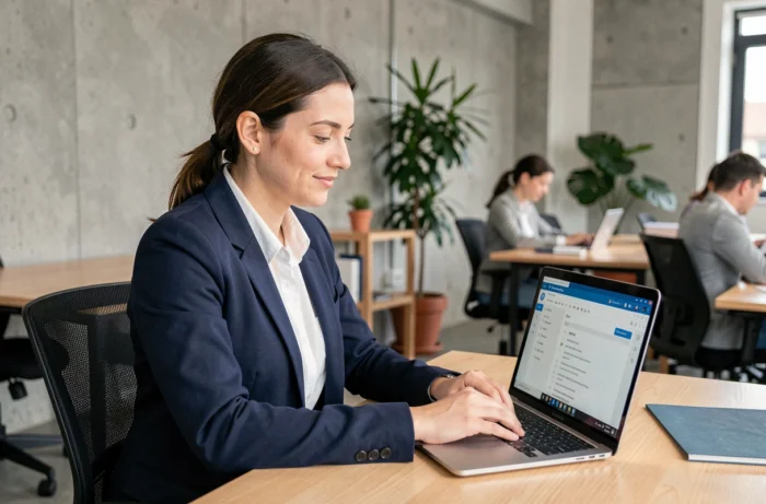 Auto-entrepreneur femme consultant des solutions B2B sur ordinateur portable dans un espace de coworking moderne