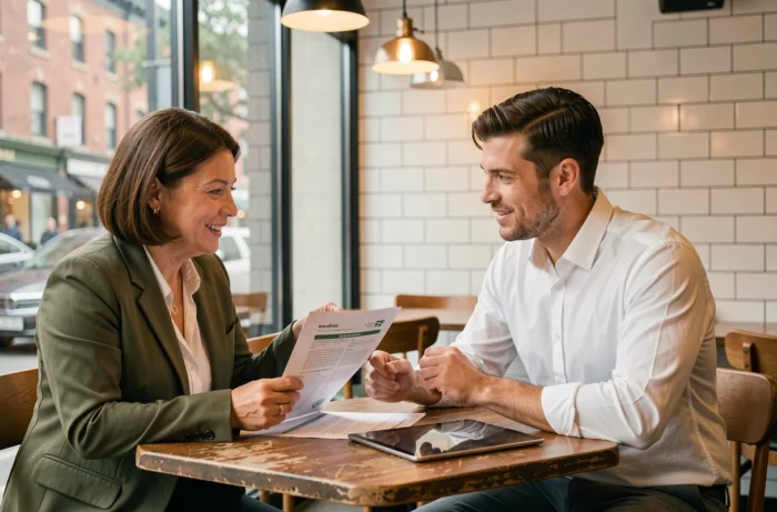 Deux auto-entrepreneurs discutant d'une proposition commerciale B2B autour d'une table dans un café urbain moderne