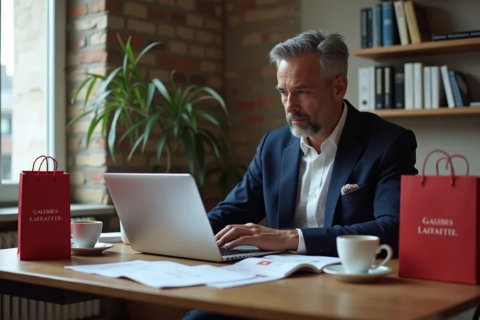 Homme consultant son relevé de carte Galeries Lafayette sur un ordinateur portable avec des sacs de shopping