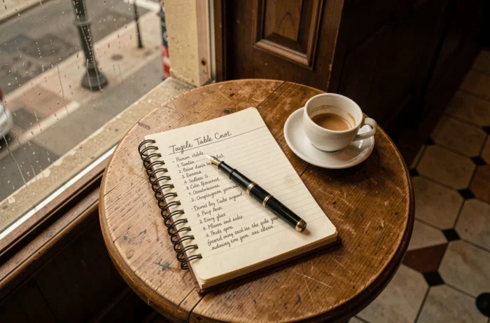 Carnet ouvert sur une table de café avec un sommaire manuscrit et un stylo plume, symbolisant l'index organisé d'un blog littéraire et personnel