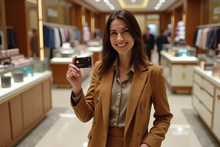 Femme élégante tenant une carte de crédit Galeries Lafayette dans un grand magasin de luxe