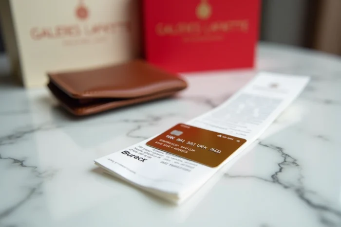 Gros plan d'une carte de crédit Galeries Lafayette posée sur du marbre blanc avec reçu et portefeuille en cuir