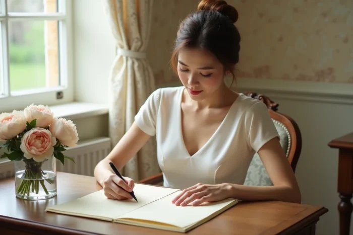 Une mariée écrit une carte manuscrite dédiée à ses parents, assise à un bureau ancien avec des pivoines en arrière-plan