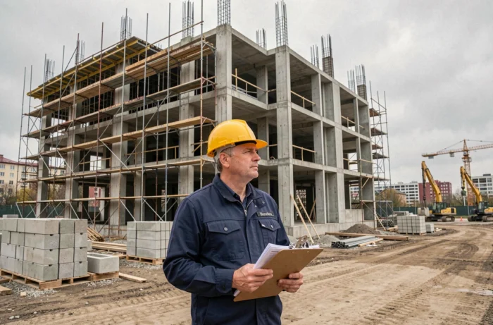 Chef de chantier inspectant un immeuble résidentiel en cours de construction, illustrant les risques liés aux délais en VEFA