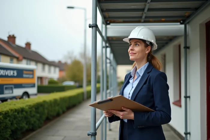 Chef de projet évaluant le coût de location d'un échafaudage modulaire devant une maison résidentielle