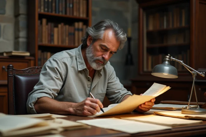 Chercheur analysant une page de manuscrit détachée dans une salle d'archives universitaire