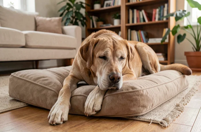 Vieux labrador retriever au museau gris se reposant paisiblement sur un lit orthopédique, illustrant le soulagement de la douleur chronique chez le chien âgé