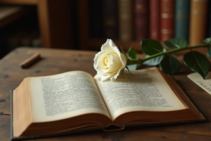Un livre ouvert affichant une citation littéraire sur la transmission, posé à côté d'une rose blanche et de notes manuscrites