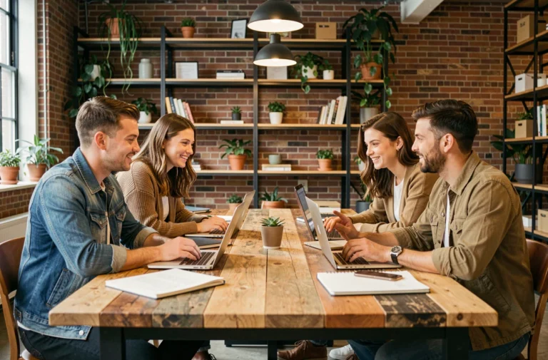 Groupe de professionnels collaborant autour d'une table en bois dans un espace de coworking moderne avec murs en briques et plantes vertes
