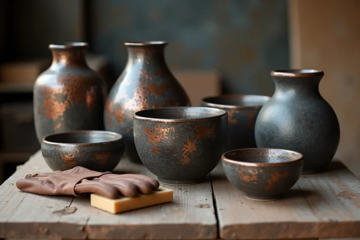 Collection de pièces en céramique raku avec émaux craquelés et traces de carbone sur table en bois
