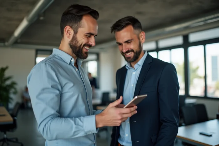 Deux collègues de bureau découvrant un terme viral insolite sur un smartphone dans un espace de travail moderne