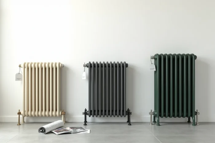 Comparatif de trois radiateurs en fonte électrique de styles différents exposés dans un showroom de chauffage