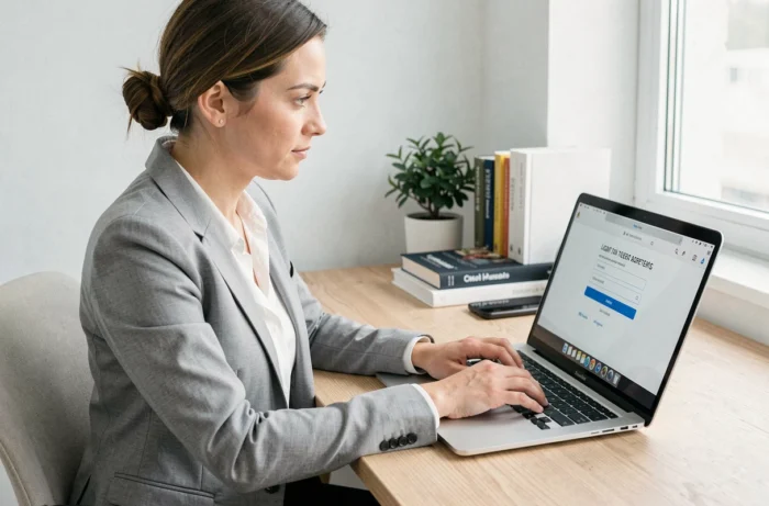 Femme professionnelle connectée à son compte Comptalia sur un ordinateur portable dans un bureau moderne