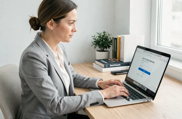 Femme professionnelle connectée à son compte Comptalia sur un ordinateur portable dans un bureau moderne