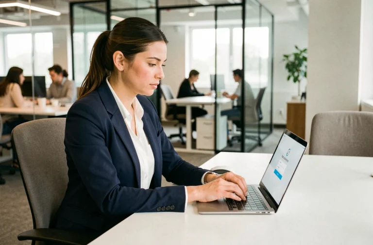 Femme professionnelle se connectant à son espace client MyPeopleDoc sur un ordinateur portable dans un bureau moderne