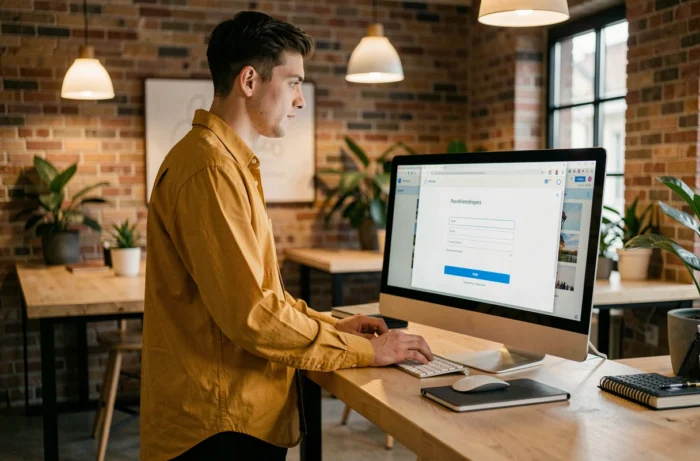 Jeune professionnel se connectant à l'espace client MyPeopleDoc sur un ordinateur de bureau dans un espace de coworking