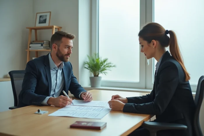 Conseiller financier et cliente examinant un échéancier de remboursement de crédit avec un passeport sur le bureau, illustrant les démarches avant un voyage à l'étranger