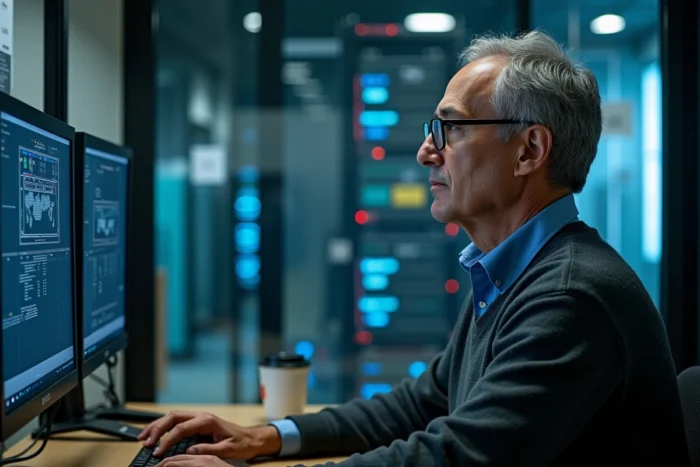 Consultant informatique analysant l'infrastructure réseau d'une collectivité territoriale dans une salle serveur