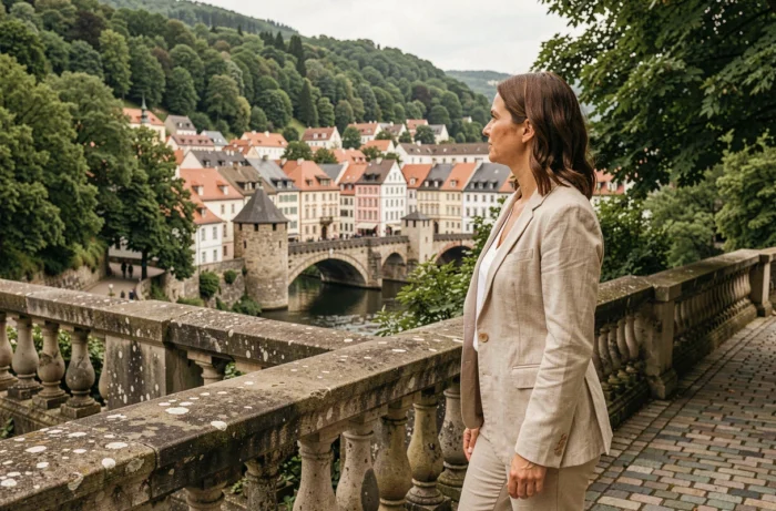 Femme admirant le panorama de la Corniche à Luxembourg-Ville avec vue sur le quartier du Grund et ses ponts médiévaux