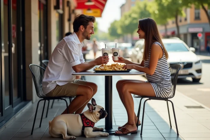 Couple en terrasse de fast-food avec leur bouledogue français allongé sous la table