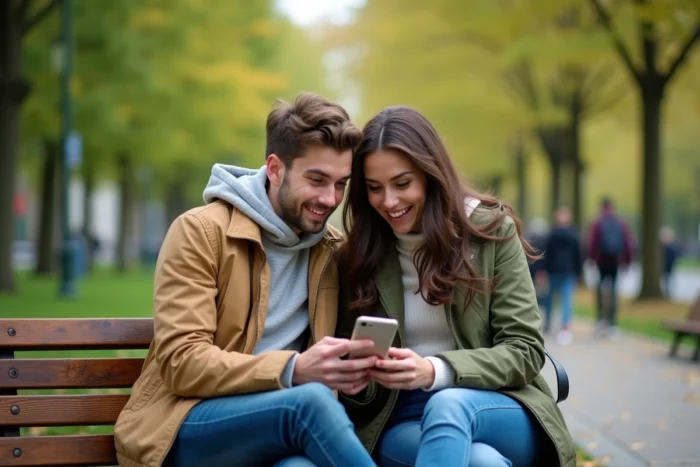 Couple de voyageurs découvrant ensemble les rubriques d'un site de voyage sur smartphone dans un parc