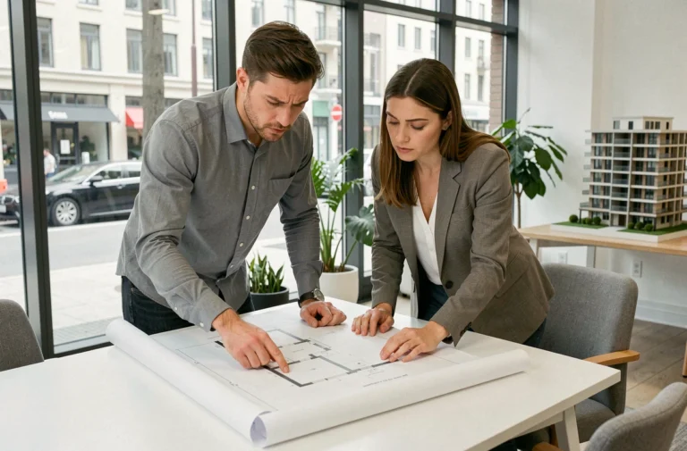 Couple examinant les plans d'un logement en VEFA dans une agence immobilière moderne, attentifs aux détails du contrat
