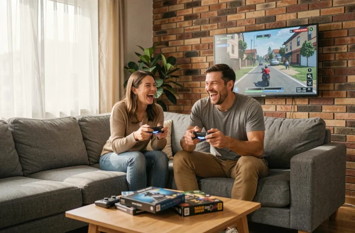 Couple jouant aux jeux vidéo en co-op sur canapé dans un salon cosy avec manettes sans fil et grand écran TV