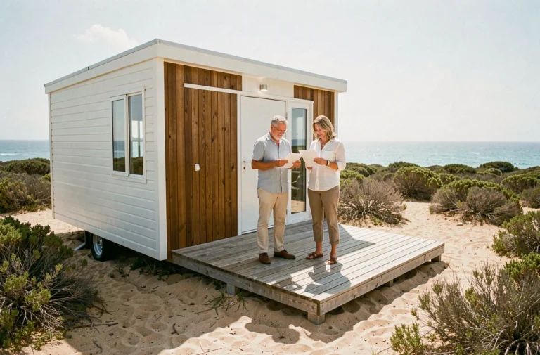Couple investissant dans une parcelle de terrain avec mobil-home moderne en bord de mer méditerranéen