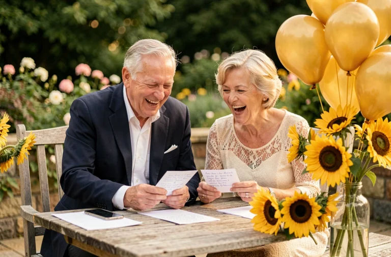 Couple de personnes âgées riant ensemble en lisant des cartes humoristiques lors de leur célébration de noces d'or dans un jardin décoré