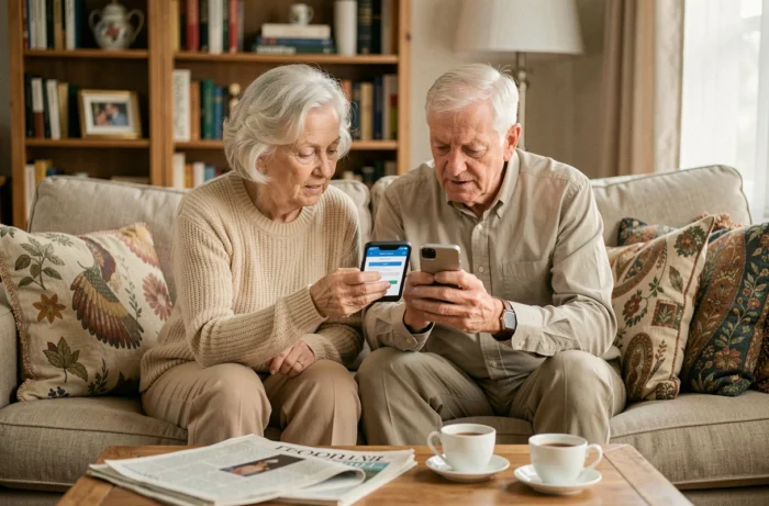 Couple de seniors consultant un smartphone ensemble pour prendre un rendez-vous médical en ligne, montrant comment Internet facilite le quotidien des personnes âgées