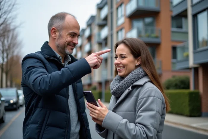 Couple devant un immeuble moderne consultant une application immobilière sur smartphone
