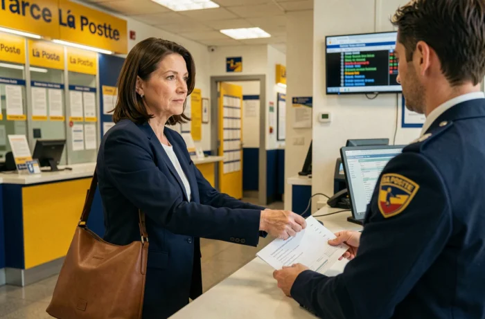 Femme effectuant une démarche bancaire au guichet d'une agence La Banque Postale