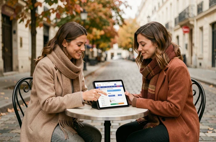 Deux femmes explorant les rubriques d'un site bien-être sur une tablette en terrasse de café, dans une atmosphère conviviale et détendue