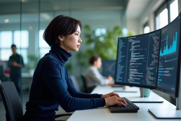 Femme développeuse informatique concentrée devant un écran ultrawide avec du code dans un bureau moderne et minimaliste
